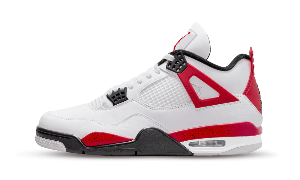 La Nike Air Jordan 4 Retro Red Cement, ha un design simile alla versione "White Cement" , ma con il rosso che sostituisce le aree grigie. La sneaker presenta una tomaia in pelle bianca con dettagli in rosso sui lembi delle ali, sull'intersuola e sui talloni. Occhielli neri, fodera interna e suola in gomma Neutral Grey ne completano il design. 