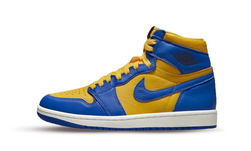 La Air Jordan 1 High nella versione OG è tornata con la colorazione Reverse Laney. La scarpa vede una tomaia in pelle gialla con rinforzi in pelle blu. La suola alleggerisce il look con una midsole bianca ed una outsole blu. Lo Swoosh in pelle blu accompagna una linguetta e dei lacci gialli.