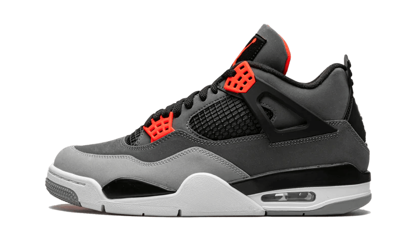 Air Jordan 4 Retro Infrared - SNKRSELL SHOP - Jordan - SNKRSELL SHOP - L' Air Jordan 4 Retro "Infrared" ha riflessi colorati su una tonalità altrimenti neutra della forma vintage di Tinker Hatfield. Il blocco del colore ricorda l'Air Jordan 4 "Green Glow" del 2013, con una tomaia in nabuk grigio scuro e accenti neri solidi sulla rete del pannello laterale, ali strutturali e tallone con marchio Jumpman. La sovrapposizione dell'avampiede è di una tonalità di grigio più chiara, con vividi colpi a i